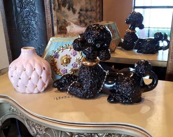 Hollywood Regency Circa 1960 Black Ceramic Poodle collectable home decor