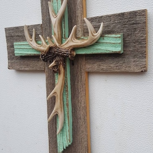 NEW! Unique Rustic Mint green Country Deer Antler Cross Hanging Decor Repurposed Recycled Wall Cross Cedar Wood GREAT Gift For Hunter!