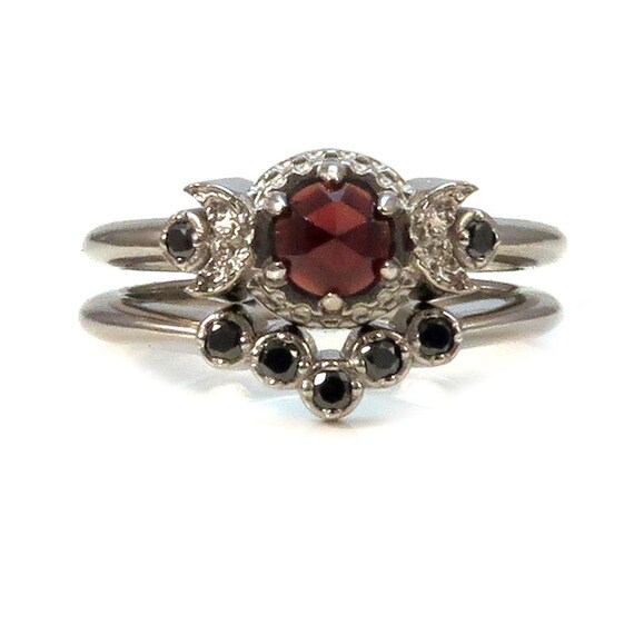 Victorian Gothic Engagement Ring Set - Garnet and Black Diamonds with Crescent Moons 14k Palladium White Gold