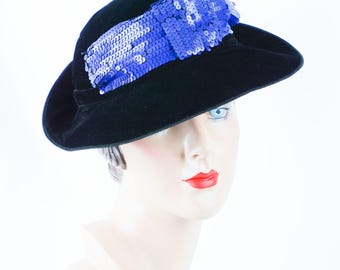 1930s Vintage Hat Black Velvet Sequinned Fedora from H P Wasson Sz 23