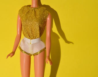 1970's Very HTF Vintage Barbie European Disco shorts jumpsuit in gold Lurex and white