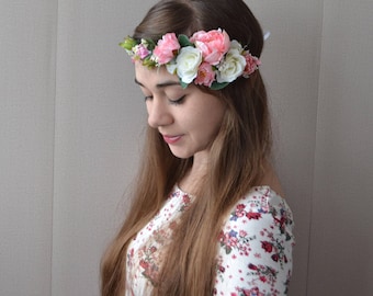 Flower crown Pink flower crown Floral crown Bridal flower crown Wedding flower crown Peony flower crown Hair wreath Floral headpiece Boho