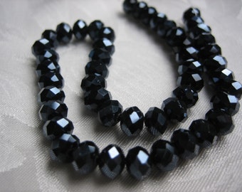 Black Rondelles. 3 Sizes! 6x4mm-100pc, 4x3mm-150pc, 3X2mm-200pc. Starlight Sparkling Jet Black Faceted Glass Beads. 17-18" Strand.USPS Rates