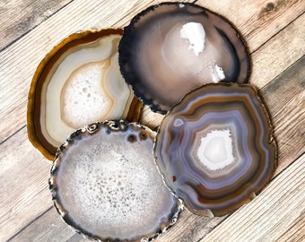 Extra Large Natural Agate Coasters Natural Geode Set of Four - Earth Tone Brown Agate Slice Crystal Rock Stone
