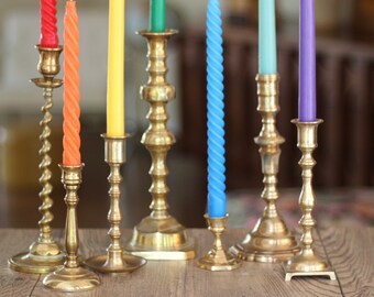 Set of Seven Assorted Vintage Brass Candlestick Holders / Mismatched Brass / Wedding Decor / Set of Brass Candlestick Holders