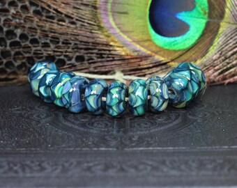 Blue & green, Blown glass, borosilicate, glass, focal, artisan beads, handmade, lampworked, jewelry supplies, bead set of 12, ready to ship.