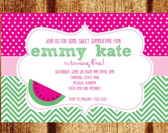 Pink and Green Watermelon First Birthday Invitation
