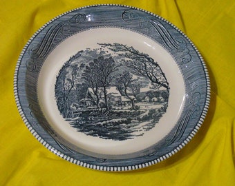 Blue Royal China, Currier and Ives Old Grist Mill Pie Plate // 10" Currier and Ives Baking Dish