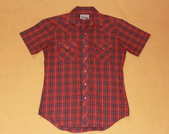 Vintage 1970s "Authentic Western ATB" Red Plaid Pearl Snap Button Up Collar Shirt US Men's Size 15 1/2 (Medium)