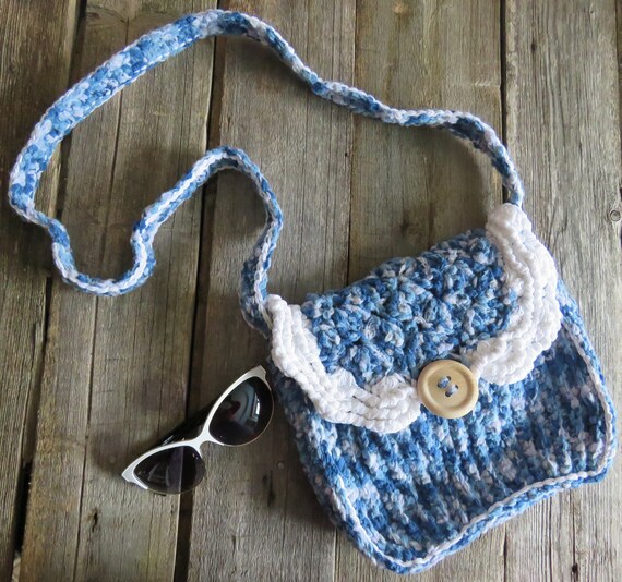 Handbag knit blue shoulder bag knit purse bag long strap yarn