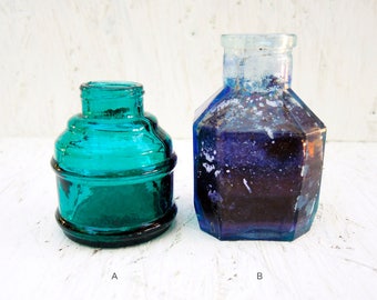 Antique glass bottle - Antique glass inkwell - Clear green blue glass inkwell - b21
