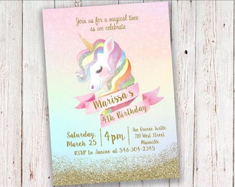 Unicorn Birthday Party Invitation, Rainbow, Glitter, Sparkle, Gold, Magical - Digital or Printed