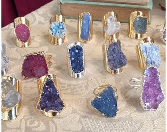 druzy rings: rock crystal ring, 24K druzy ring, silver druzy ring