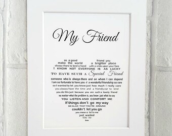 Friend gift, Unframed 10x8 print, Best friend gift, Personalised Friend Gift, Birthday gift for Friend, Friend poem, Friend Christmas Gift