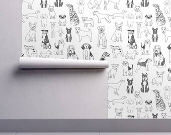 1 Sample Dogs Wallpaper Swatch - Black and White Illustration Pet by Andrea Lauren - 24x12 inch Wallpaper Test Swatch - by Spoonflower