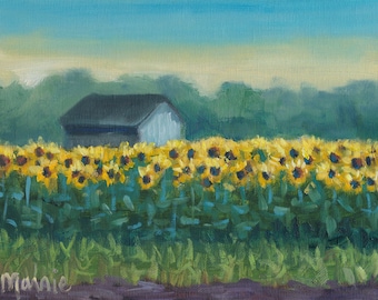 Sunflower barn, oil painting, ready to hang, original art, americana