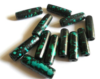 Bone beads, green and black bone beads, rustic beads, ethnic long bone beads, 25mm bone beads, bone tube beads, green bone beads, bone, 12pc