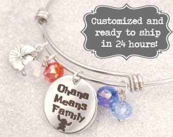 Lilo & Stitch - Ohana Means Family Bracelet, Lilo and Stitch DISNEY Inspired Bracelet, Custom Name Charm Bracelet, Adjustable Bangle,