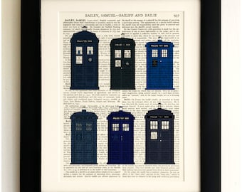 FRAMED ART PRINT on old antique book page - The Tardis old and new, Doctor Who, Upcycled Wall Art Print Encyclopaedia Dictionary Page