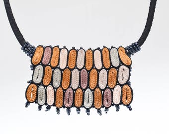 Bib necklace statement, textile necklace golden, fabric pendant beaded, personalized gift for woman, gift for her - Fiber art jewelry ooak