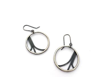 Sterling Silver Hoop Earrings, Diverge Earrings, Oxidized Silver Earrings, Modern Jewelry, Silver and Black Earrings