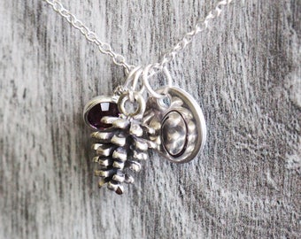 925 Sterling Silver Pinecone necklace | Swarovski Birthstone Initial Pendant Necklace | Autumn Necklace | Bridesmaid Jewelry