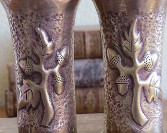 Pair of French Trench Art Vases made from Artillery Shells Vintage Hand Made Trench Art Brass Repousse Hand Punched Acorns Leaves Flared Top