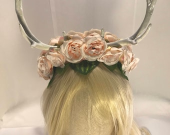 Deer antlers pastel pink forest goddess horned faun festival headdress floral rose fawn woodland elf fantasy antler horn crown