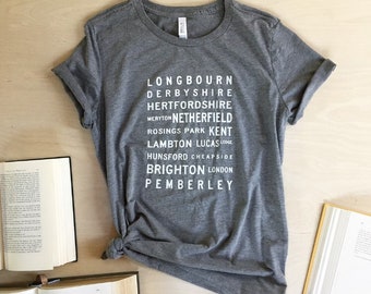 Pride and Prejudice Locations Typography T-shirt- Jane Austen - Pride and Prejudice