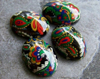 Vintage Rare West German Floral Decal Oval Lucite Cabochons-Paisley & Lace-17.5mm x 12mm-8 Cabochons