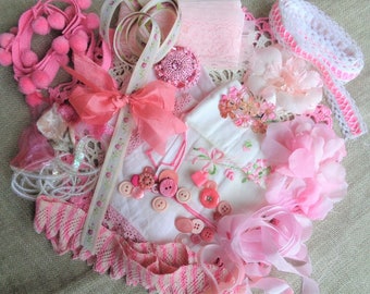 Inspiration Kit Shabby Bright Pink Vintage Ribbon Trim Millinery and More