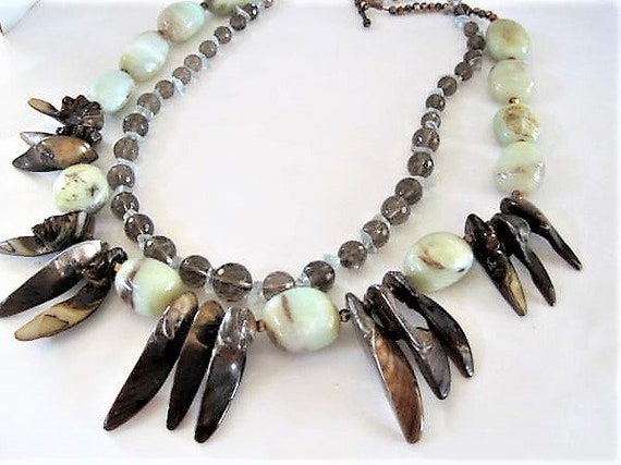 Artisan Abalone Necklace, Abalone Spikes, White Agate Stones, 2 Strands, Glass Crystal Bib, Topaz Beads