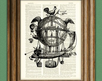 City in the sky DIRIGIBLE illustration beautifully upcycled dictionary page book art print
