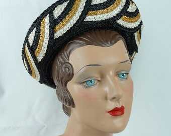 1960s Vintage Hat Black Straw Breton by Mr John Empress Line Sz 21