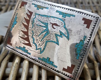 Vintage Native American Sterling Silver Belt Buckle, Inlaid Turquoise & Coral