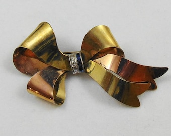 Vintage Signed Taylord Sterling/GF Retro Bow Brooch Pin with Blue and Clear Rhinestones