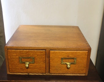 Vintage Wood 2 Drawer Library Card Catalog with Brass Pulls and Dovetails