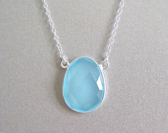 Silver Aqua Chalcedony Pendant Necklace - Aqua Chalcedony - Silver Pendant