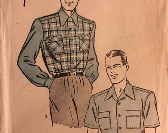 VTG 3968 Advance (1940's). Mens' Shirts. Size Medium, Neck 15" to 15-1/2". Complete, unused, FF. Excellent condition.