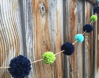 SALE Navy, Lime & Minty Pom Pom Garland, Yarn Pom Poms, Birthday Backdrop, Party Decor, Nursery Decor, Photo backdrop