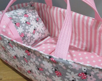 Doll Carrier, Will Fit Bitty Baby and Stella Dolls, Flowers and Lady Bugs with Pink Lining, 16 Inches Long, Doll Basket