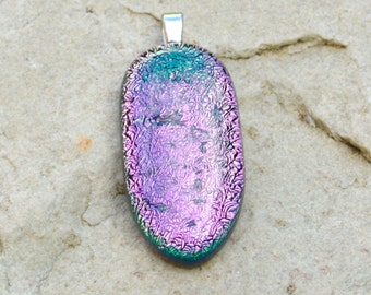 Dichroic Glass Pendant - Iridescent Colours Light Purple Pink Teal Blue Green - Small Silver Plated Bail Fitting - Gift Boxed
