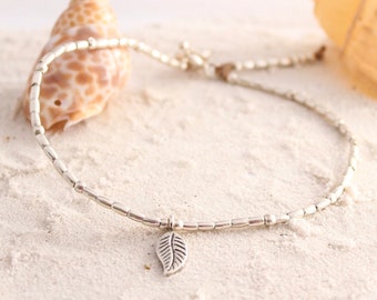 Hill Tribe Silver, Silver Anklet, Hill Tribe, Hill Tribe jewelry, Silver leaf charm, Leaf charm, ankle bracelet silver, womens anklet,