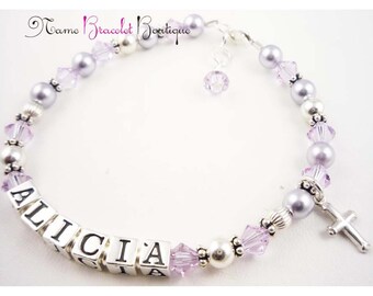 First Communion Bracelet- Baptism Bracelet - lavender violet purple - cross sterling charm- girls and baby- personalized name