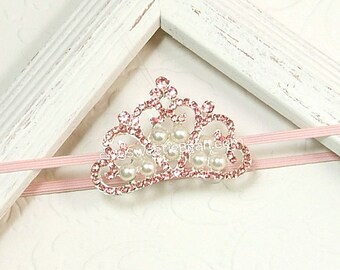 Princess Crown Headband, Ready To Ship Baby Photo Prop, Tiara Headband, Pink Rhinestone and Pearl Tiara, Newborn Baby Infant Girl Toddler