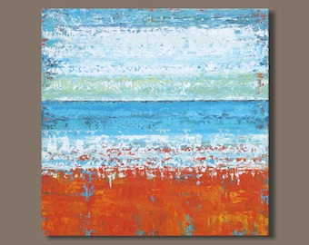 large abstract art, landscape painting, abstract seascape painting, orange and blue, modern art, ocean painting, beach painting