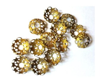 10 VINTAGE flower cap beads, metal lace design 10mmx5mm height