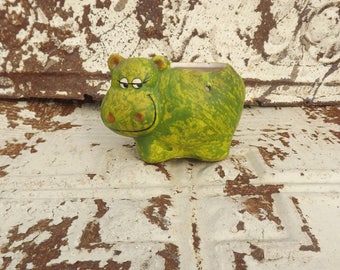 1970s CUTE Green Hippo Spring Planter Bank ~ Smiling Hippo Planter ~ Vintage Hippo Pen Holder ~ 8
