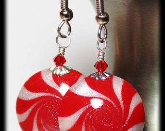 Peppermint Sparkle... Handmade Beaded Jewelry Earrings Christmas Holiday Polymer Clay Beads Red White Swirl Spiral Crystal Lightweight Glam