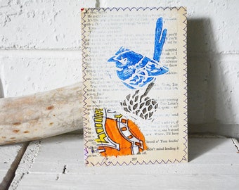 Small Mixed Media Art Print - Splendid Blue Wren on Banksia - Australian Bird Print on Vintage book - Upcycled wall art - pg 200